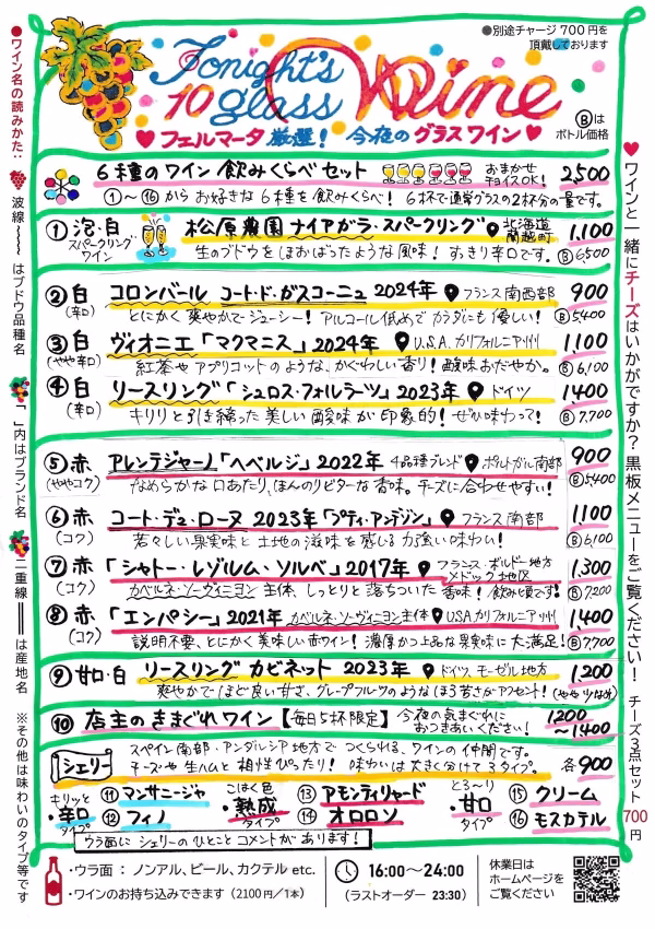 ワインバーフェルマータのグラスワインメニュー