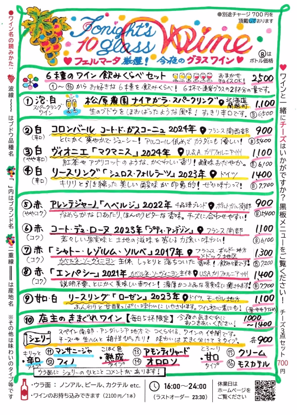 ワインバーフェルマータのグラスワインメニュー
